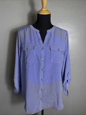 Notations Striped Blue White Button-Front Women's Blouse Sz M
